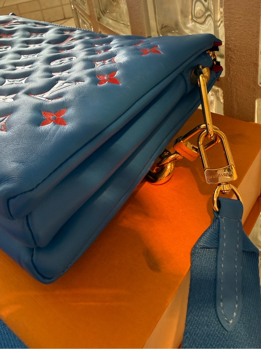 Louis Vuitton Blue & Red Quilted Monogram Coussin PM Bag with Gold Chain & Strap - Picture 7 of 14